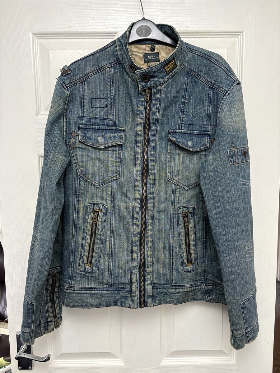 G Star Raw Men's Luxor Biker Denim Jacket Blue Spell Out Vintage