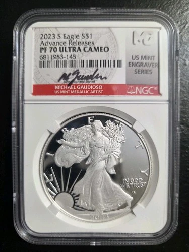 2023 S PROOF SILVER EAGLE NGC PF70 UCAM ADVANCE RELEASES GAUDIOSO SIGNED MES 