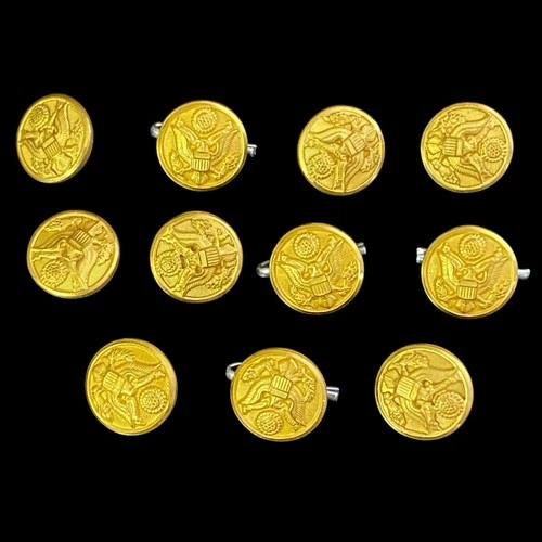 11 VTG WWII Waterbury Button Company Solid Brass Military Buttons Round Eagle