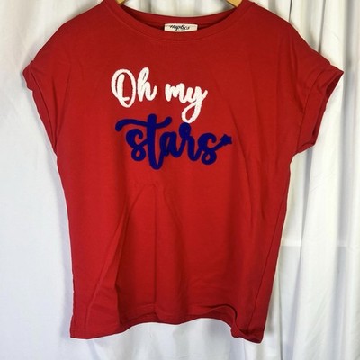 Haptics Boutique Red Shirt Top Oh My Stars Embroidered Knit Women s Sz Small