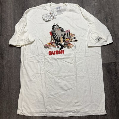 HAS STAINS Crazy Shirts B. Kliban Cat Shirt Mens XXL White Graphic Tee Sushi