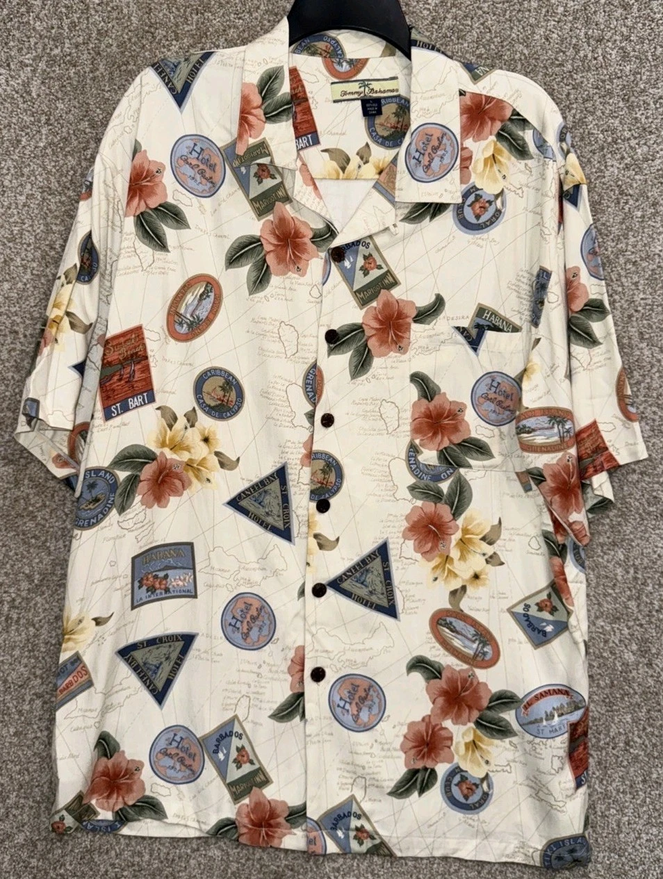 Tommy Bahama Mens Large Hawaiian Shirt Silk Hibiscus Floral Beige Button Up Camp