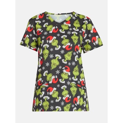 Dr. Seuss Grinch Women's Print V Neck Scrub Top, Black Size S