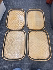 SET OF 4 Rattan Bamboo Tray Wicker Tiki Lap TV Serving Platter 19x13 Vintage