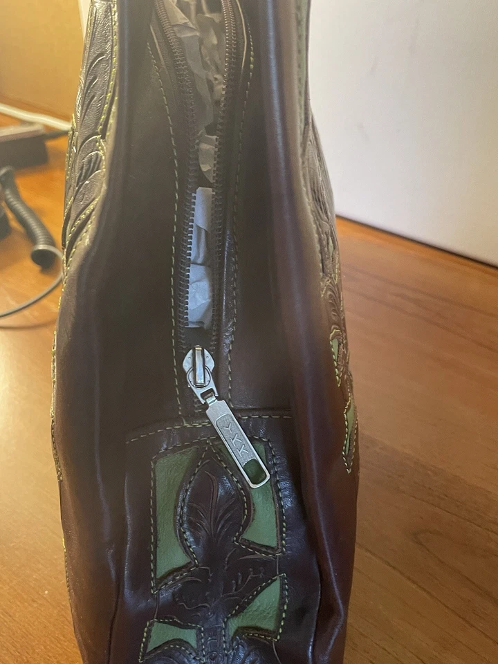 Leaders In Leather Handbag Western Tooled Floral Design Brown Green - Image 3 of 4