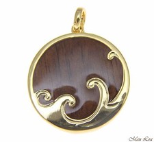 Koa Wood Hawaiian Scroll Ocean Surf Wave Yellow Gold Brass Reversible Pendant