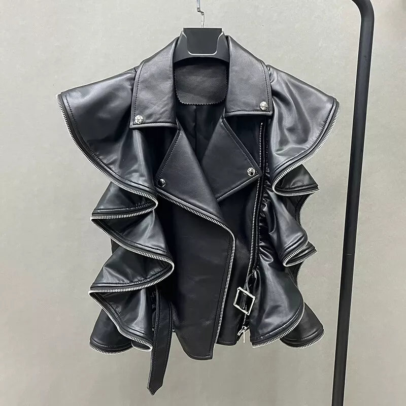 Black Real Leather Vest Woman Ruffles Sleeveless Real Leather