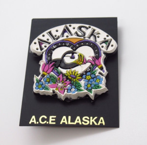 Alaska Puffin Lapel Pin Heart Wildflowers ACE Souvenir Vintage Nature Bird Gift