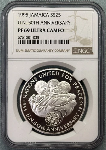 Jamaica 1995 $25 Dollars Silver Proof U. N. UN 50th Anniv. NGC PF 69 Ultra Cameo