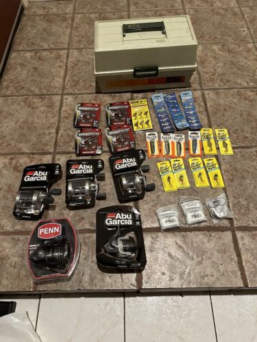 Fishing Tackle Gear Lot New&Used Reels Lines Lures Spoons-Tackle box.
