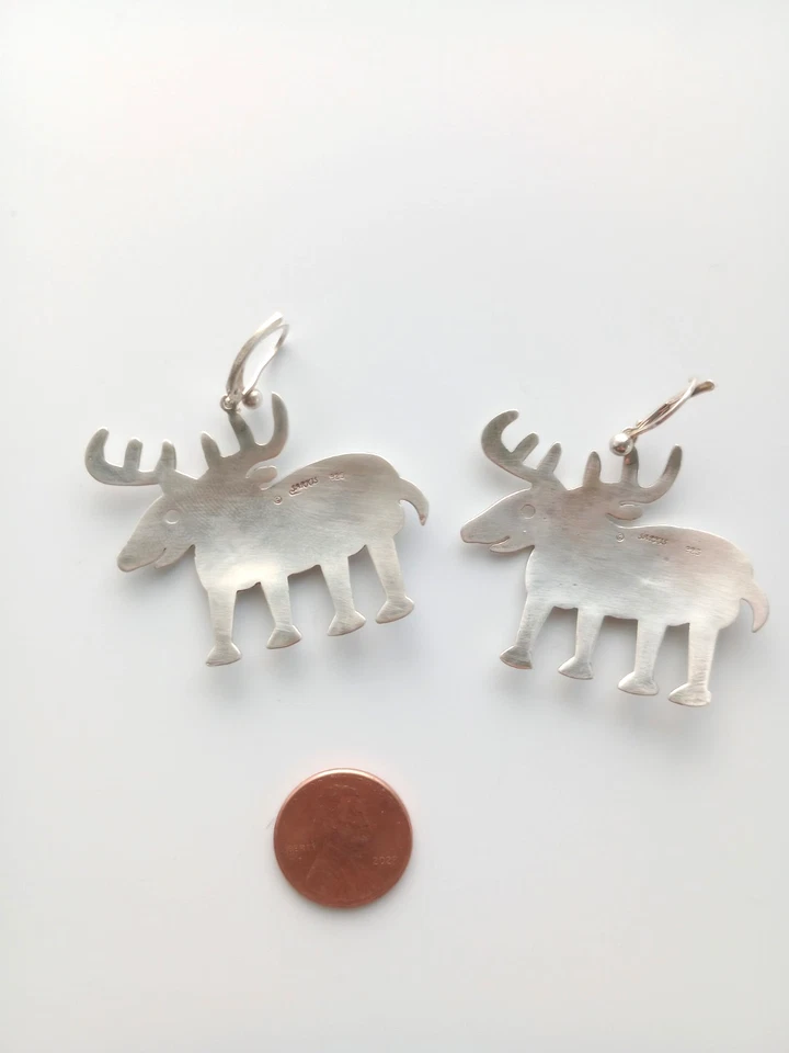 Sterling Silver Deer Mousse Dangle Earrings 925 Sarkis Signed 13.7g Big Vintage - Image 4 of 4