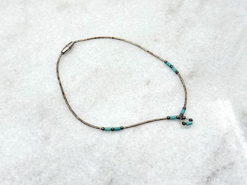 Beaded liquid silver Sterling anklet 9" Vintage Southwestern Barrel Closure