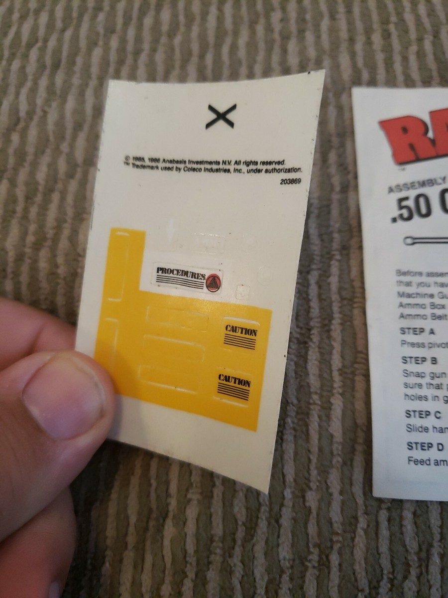 VINTAGE COLECO RAMBO .50 Caliber MACHINE Gun STICKER & INFO SHEET