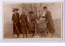 Real Photo Postcard RPPC - Women in Hats and Coats Sweeping and Doing Laundry 