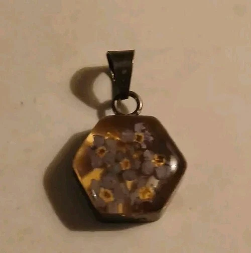 Pingente vintage de prata esterlina azul Forget Me Not Seced flores em resina - Imagem 2 de 4