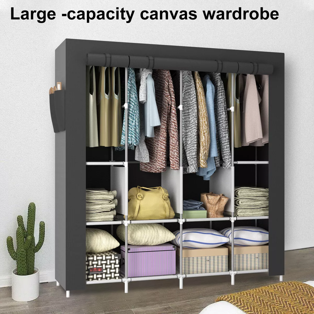 LOEFME Large Canvas Fabric Wardrobe Clothes Shelving With Hanging Rail Cupboard