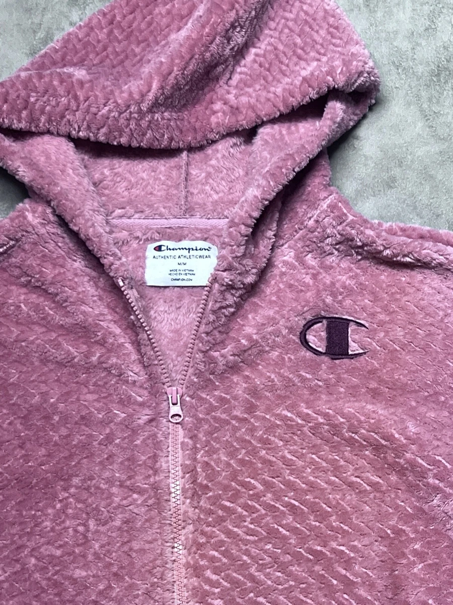 Champion Sweater Womens Medium Pink Zip Up Hooded Pockets Fuzzy