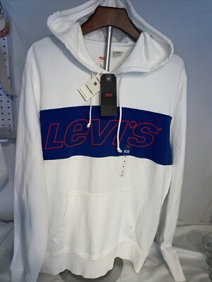 NWT! Men's Levi's Pullover Hoodie 100% Cotton Size Medium White Blue Red 