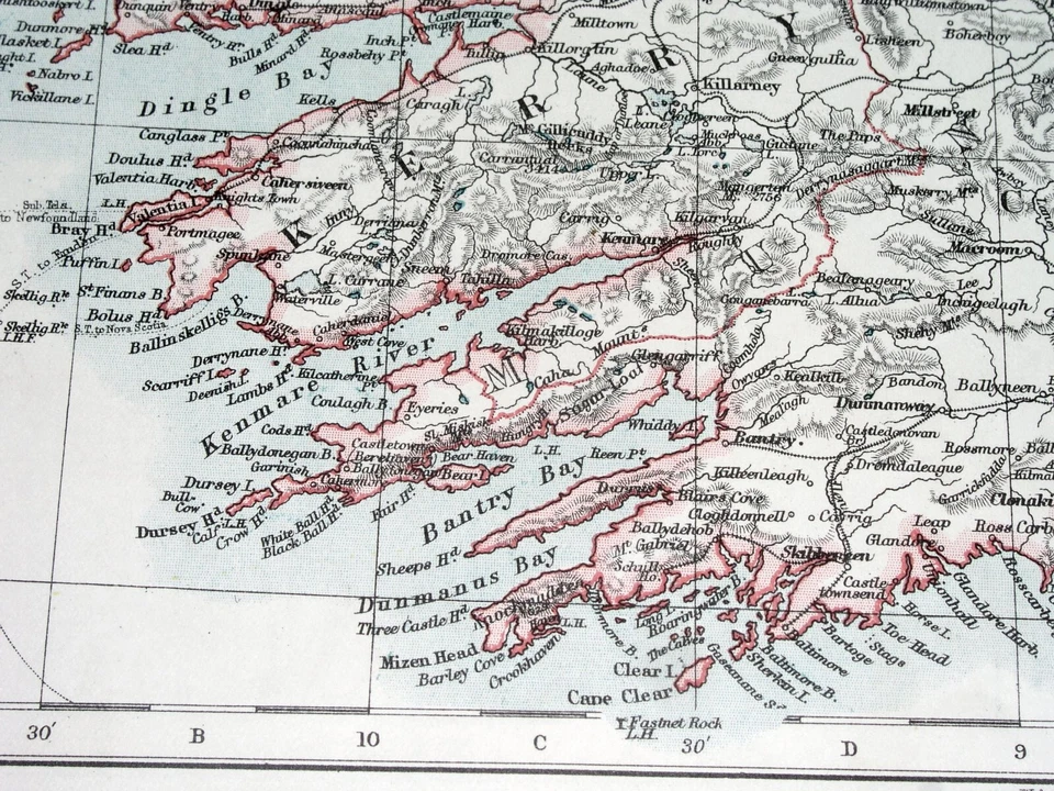 MAPA ANTIGUO DE IRLANDA 1904 KERRY CORCHO LIMERICK CLARE / DUBLIN LEINSTER WEXFORD Foto 4 de 4