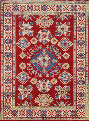 Geometric Kazak Rug Handmade Wool Art Rich Colors, Cultural Heritage 5x7 ft