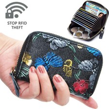 RFID Accordion Credit Card Holder Wallet for Women Small Leather Zip Card Case