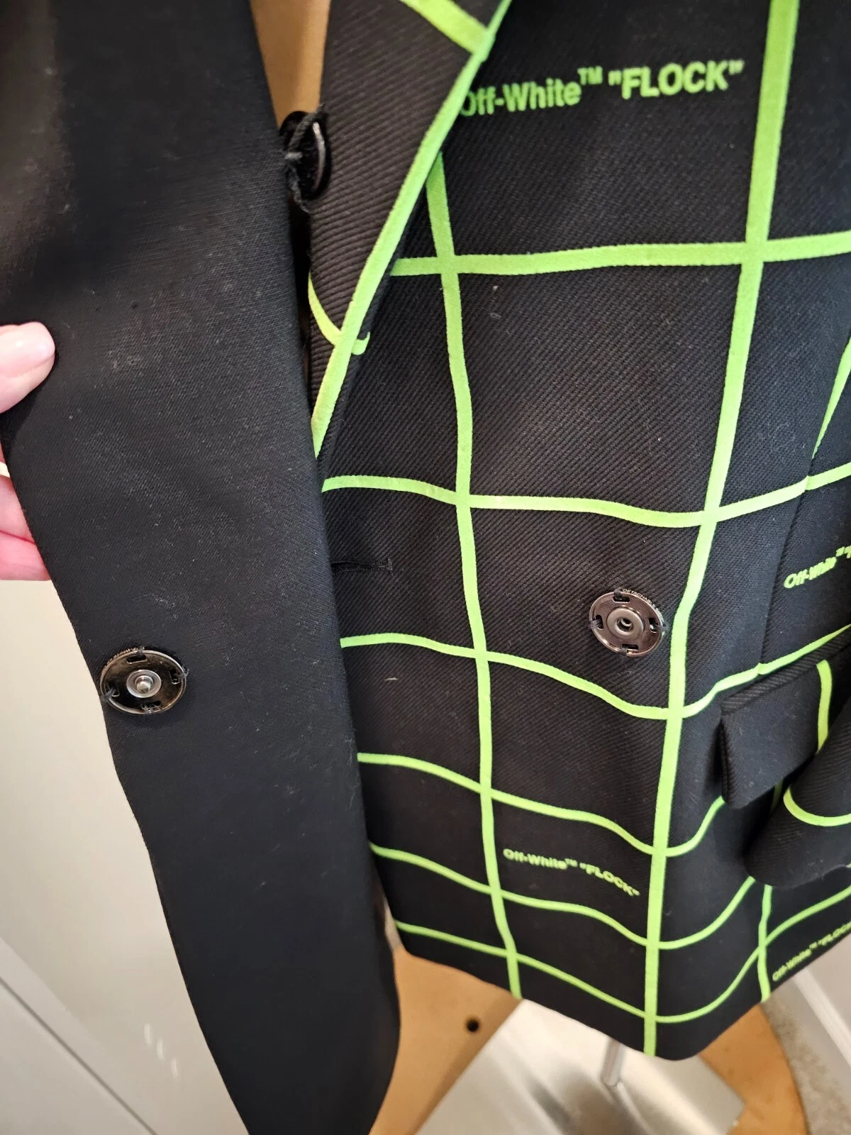 OFF WHITE Abito blazer bianco sporco nero flock collage con quadrati bordi in velluto verde 40