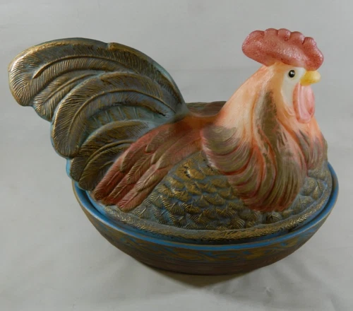 Fenton Folk Art Hand-Painted Rooster Nesting Dish, Signed by D. Anderson