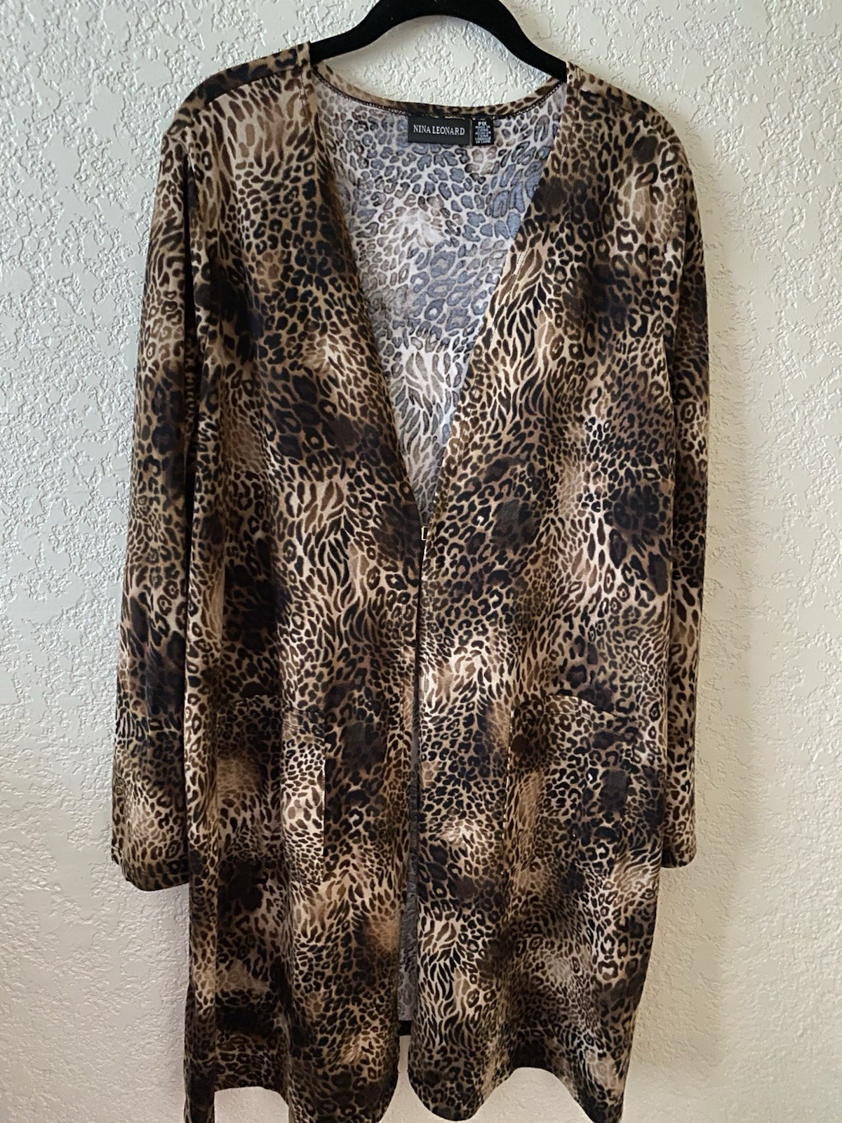 Nina Leonard Women’s Leopard Print Long Duster Cardigan Size Petite 1X