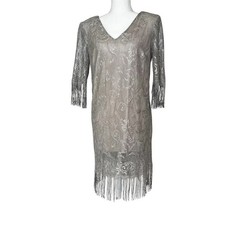 Original Anthony Silver Fringe Midi Dress 1920's Flapper Style Gatsby Party Sz L