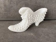 Fenton Art Glass White Milk Glass Hobnail Cat Head Slipper Shoe