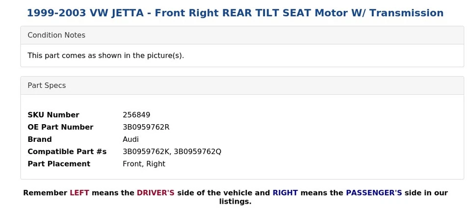 VW JETTA 1999-2003 - Motor asiento delantero derecho inclinable trasero con transmisión Foto 4 de 4