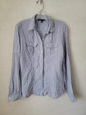 Saks 5th Avenue Button Up Linen Shirt Blue Women's Size Large Long Sleeve 
