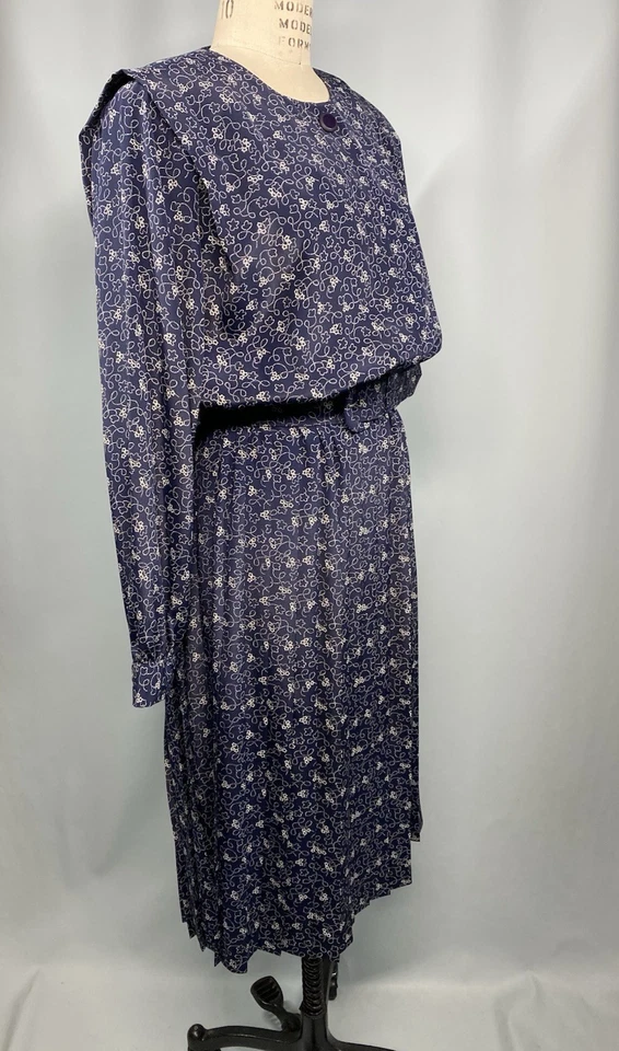 Vestido Vintage TALLA EXTRA GRANDE 12 XL Azul Marino Blanco LESLIE FAY Años 80 90 Modesto Foto 3 de 4