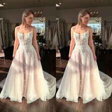 Blush Pink Wedding Dresses Spagehtti Straps Lace Appliques Beach Bridal Gowns