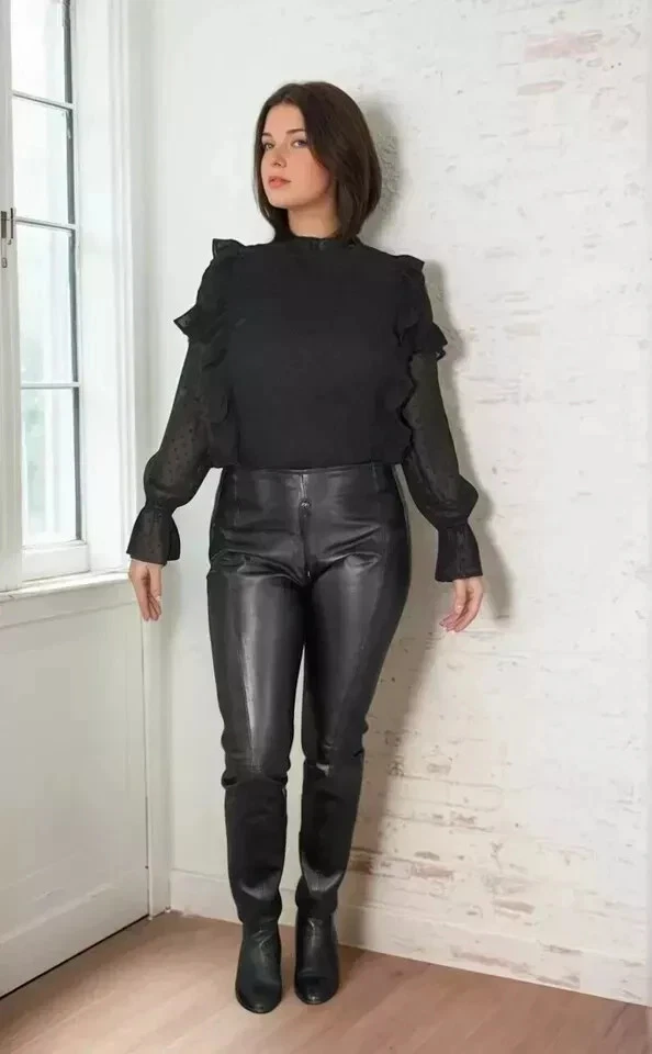 NEW Women's Black Sheepskin Trousers Genuine Soft Leather Biker Pants — 第 3/4 张图片