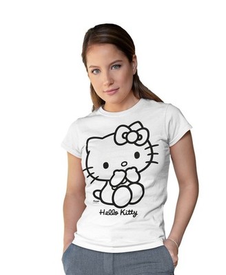 Hello Kitty Outline süß süß Schleife Figur Pose Retro offizielles Damen T-Shirt