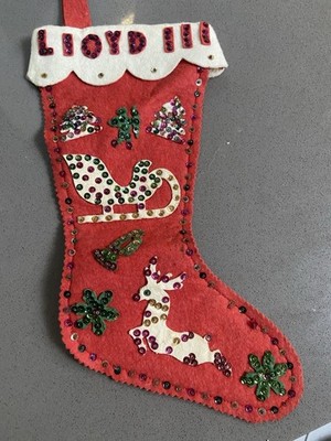 Vtg Felt Christmas Stocking Handmade 50 s Sequins MCM led reindeer tree