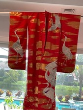 Vintage Kimono Ceremonial Cranes 100 Silk Uchikaka Wedding Gown Red - Beautifu