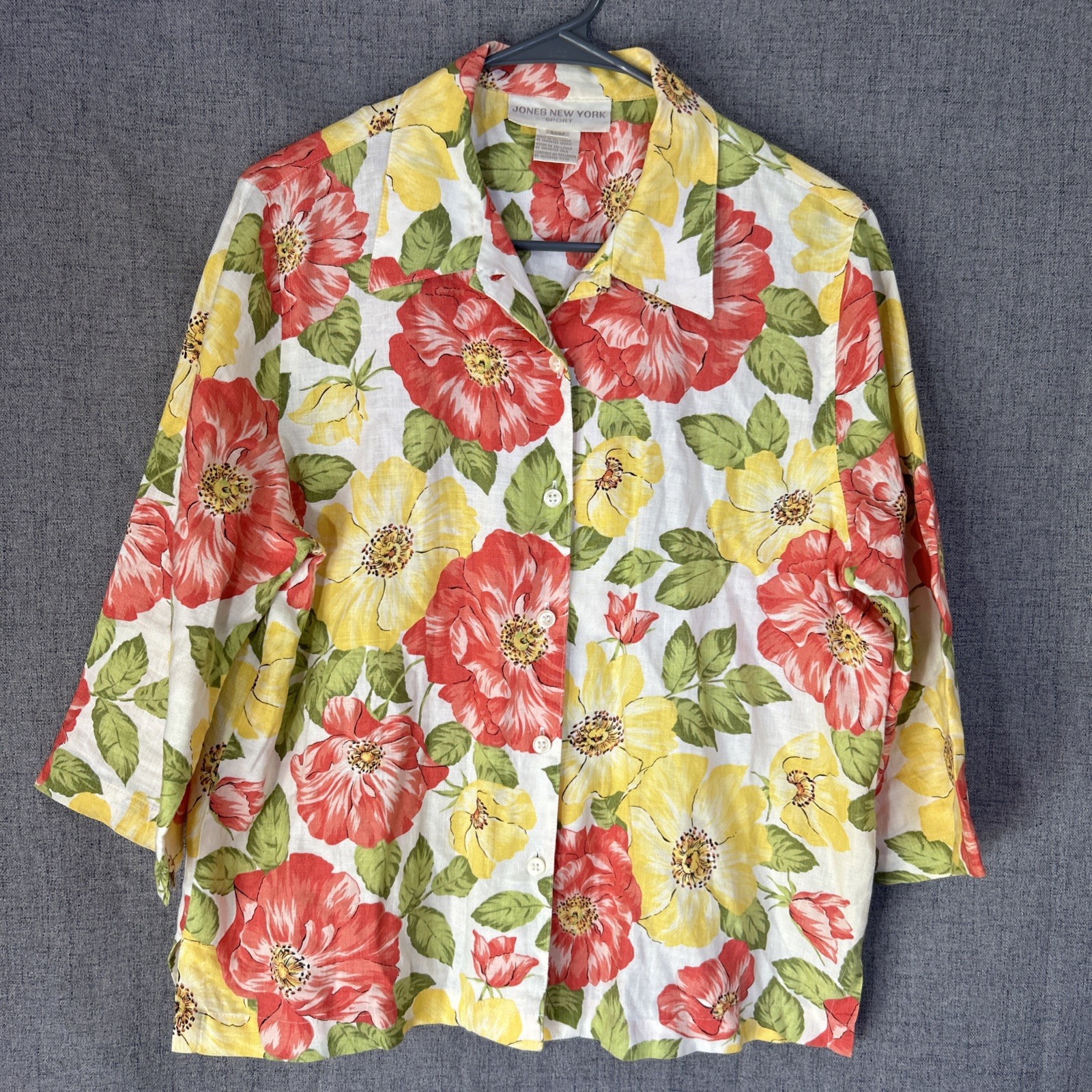 VTG Jones New York Sport 100% Linen Floral Button 3/4 Sleeve Blouse Top Women M