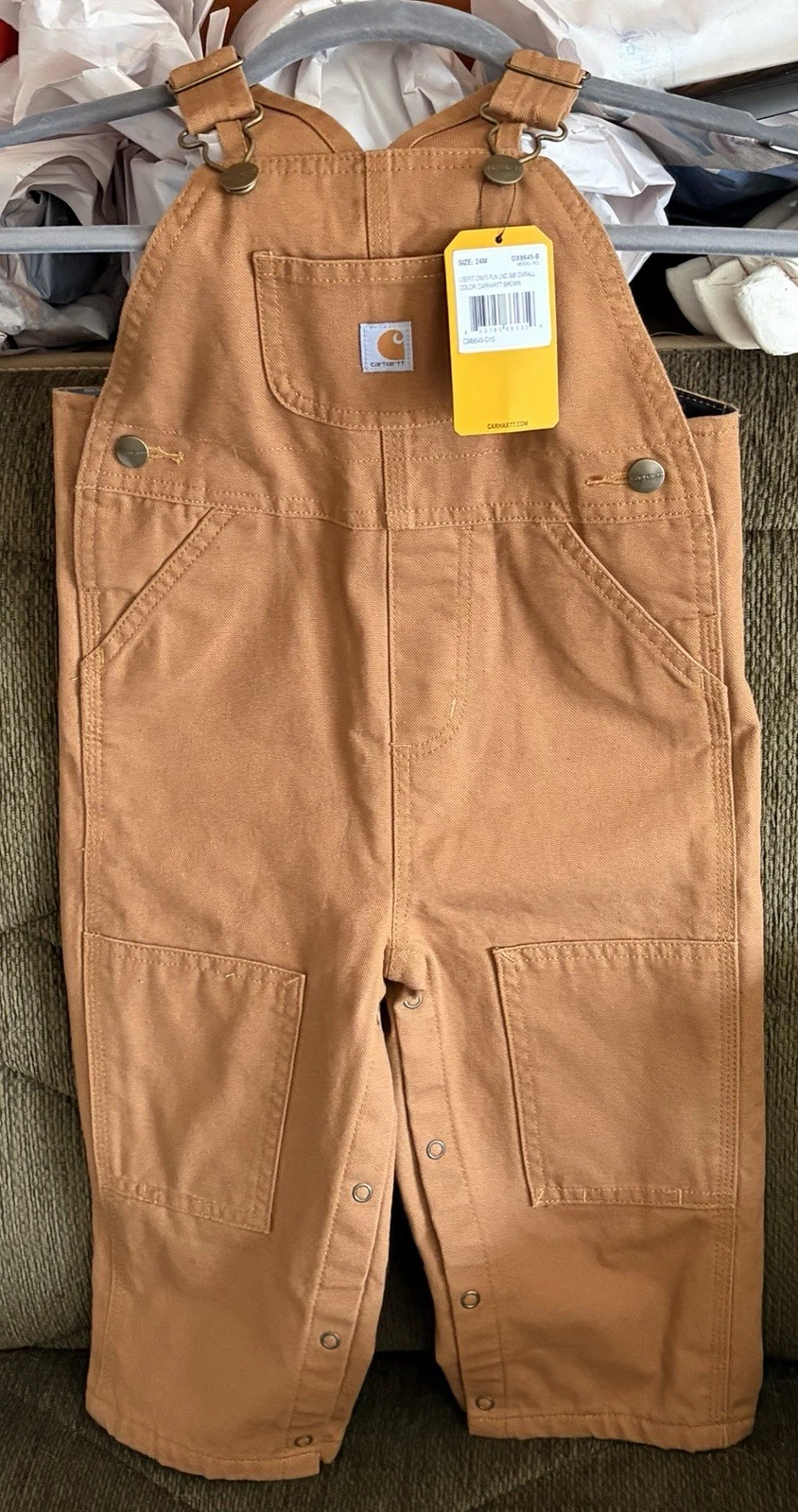 Carhartt Baby Flannel-Lined Canvas Bibbed Overalls Brown Cotton ~ 24 Months NWT