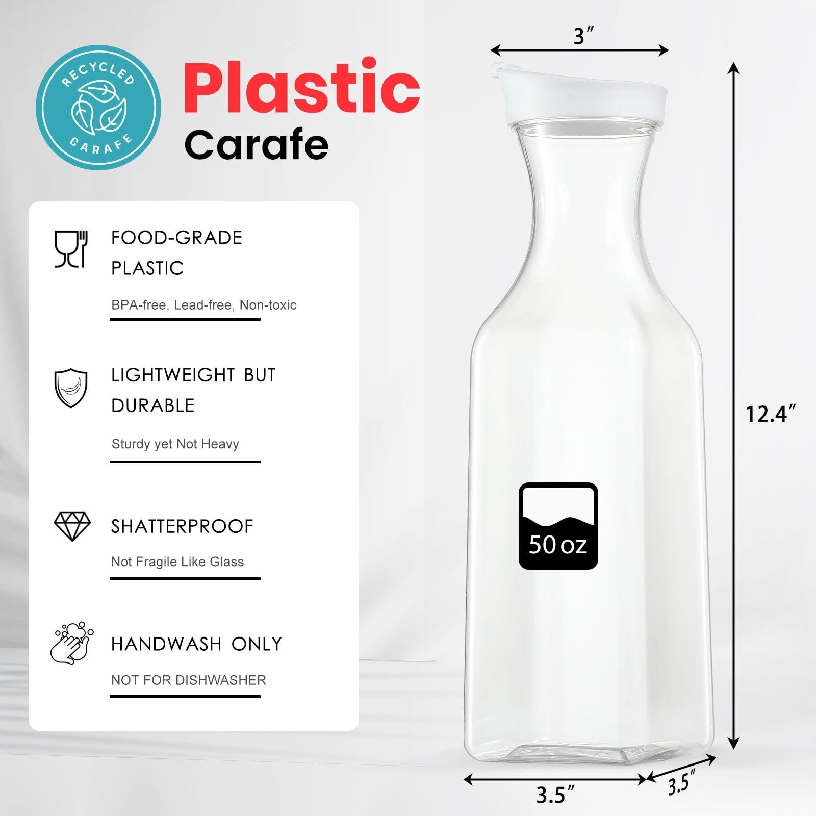 NETANY Plastic 50 Oz Water Carafe with Flip Top Lid, Set of 2 Square Base Jui...