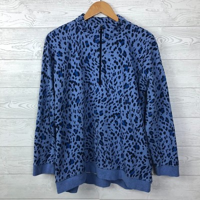 T by Talbot's Women's Large Leopard Print Long Sleeve Quarter Zip Pullover Blue