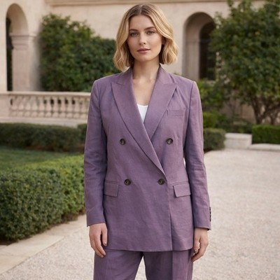 NWT Brunello Cucinelli Double Breasted Suit Womens 4 Linen Purple Blazer Pants