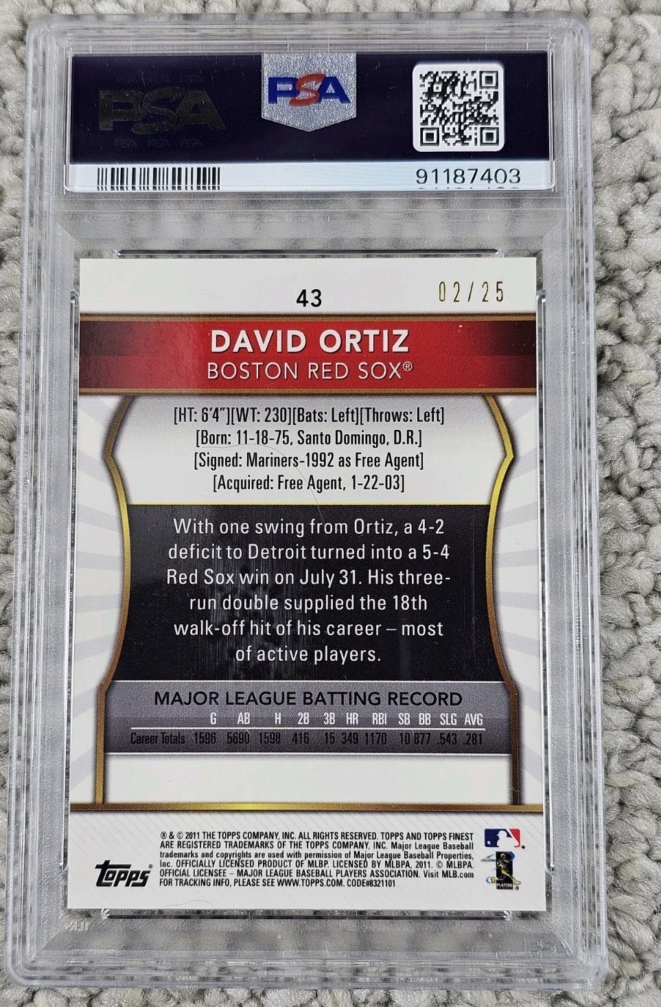 2011 Topps Finest David Ortiz Red Refractor /25 PSA 10 #43 HOF Red Sox Pop 1 view 2