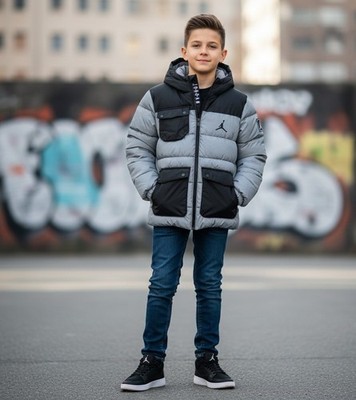Jordan Big Kids Full Zip Faux Down Fleece Puffer Gray Hooded Jacket Large 12-13