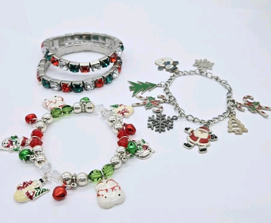 CHRISTMAS Stretch Bracelet Lot of 3 Red & Green Beaded Silver tone Holiday Charm