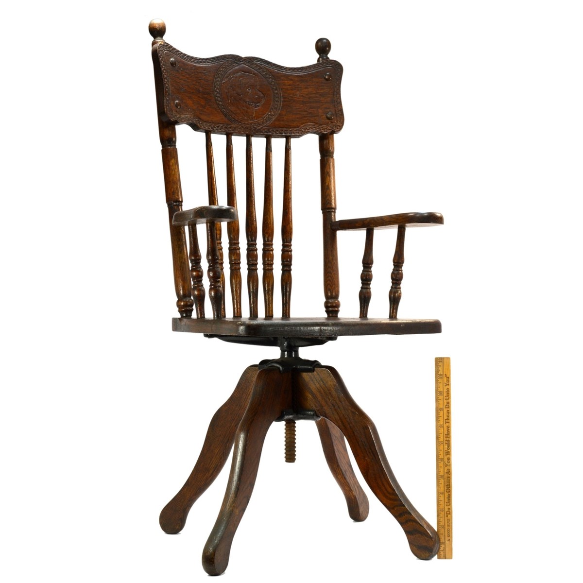 Antique CHILD-SIZE WOOD SWIVEL CHAIR Carved Dog BANISTER-SPINDLE