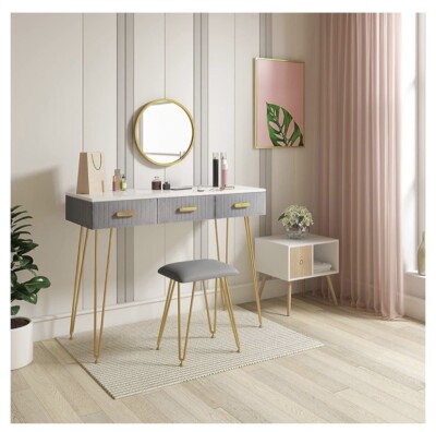 Coiffeuse Avec Miroir Et Tabouret Velours - 3 Tiroirs, Plateau Large 100x40cm - Blanc Et Doré Coiffeuse Miroir Rabattable