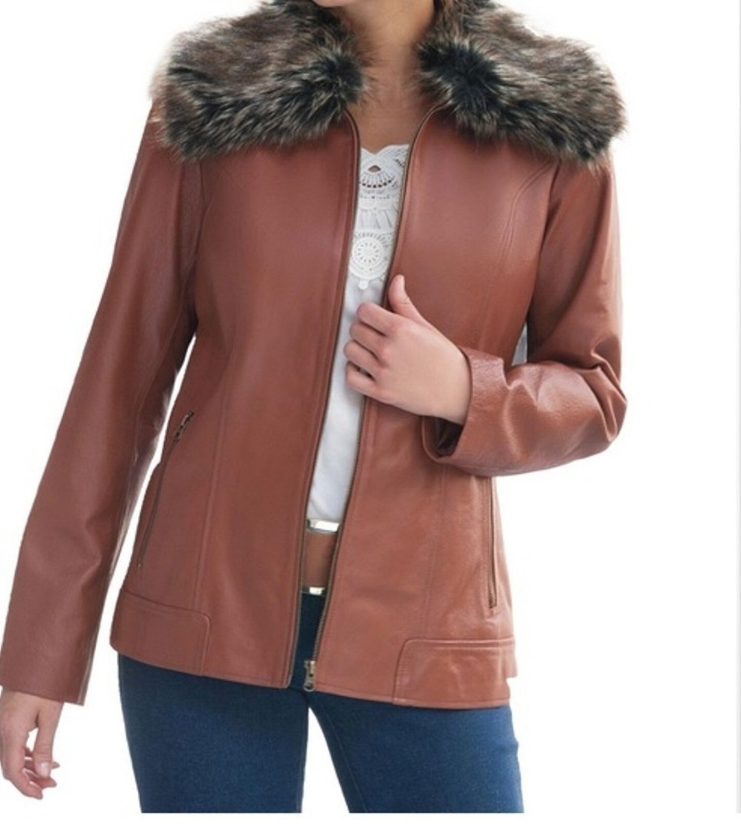 Brown Plus Size Leather Coat With Fur Collar Women's Outerwear