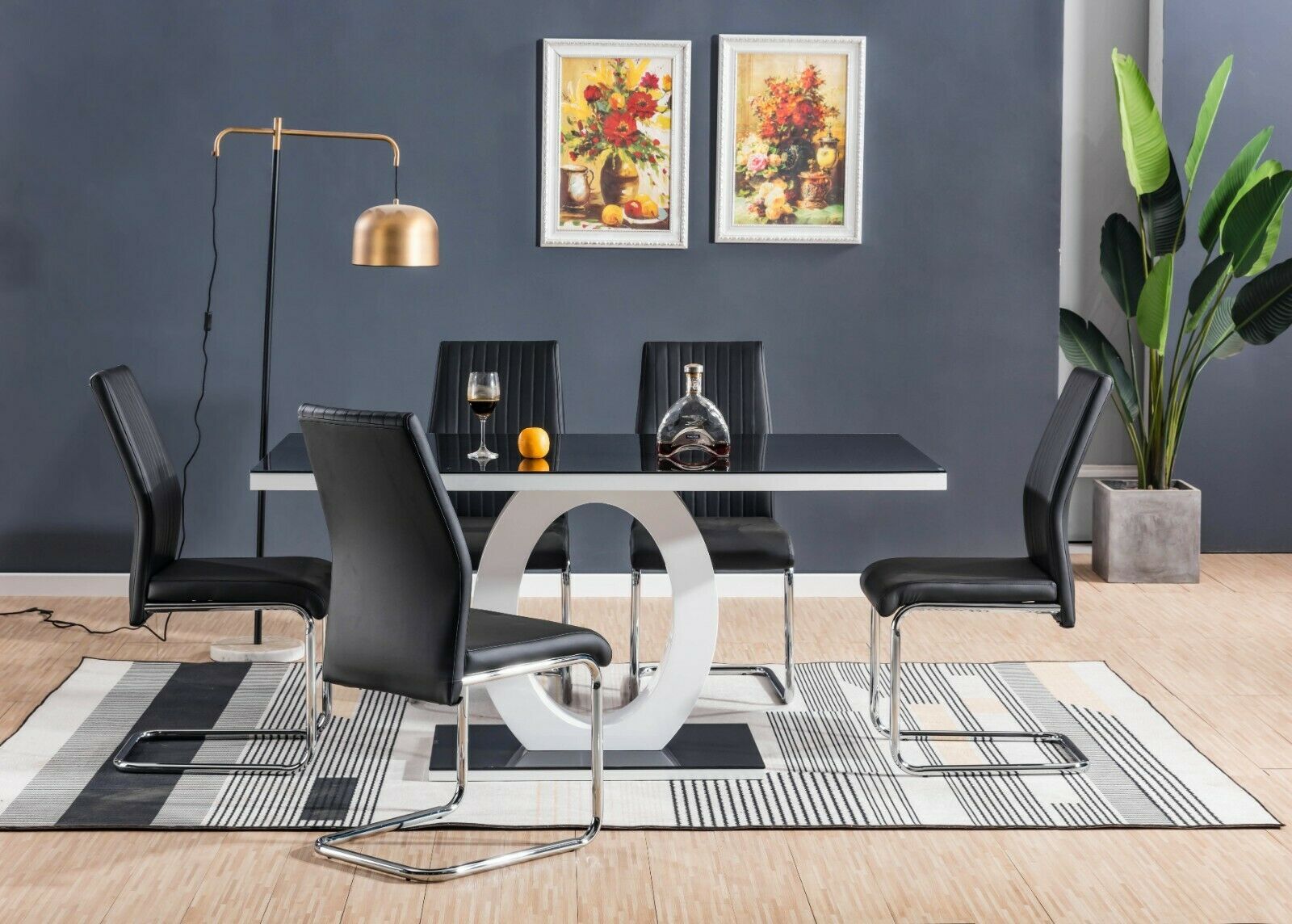 GIOVANI White Gloss Black Glass Dining Table & 6 Faux Leather Dining